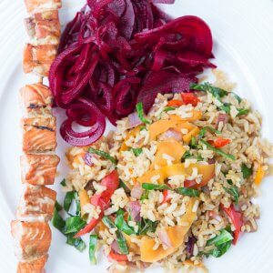 Healthy Salmon Skewers with Brown RIce and Vegetable Stir Fry Amanda Morris Nutrition photos by Rebecca Fennell Photography